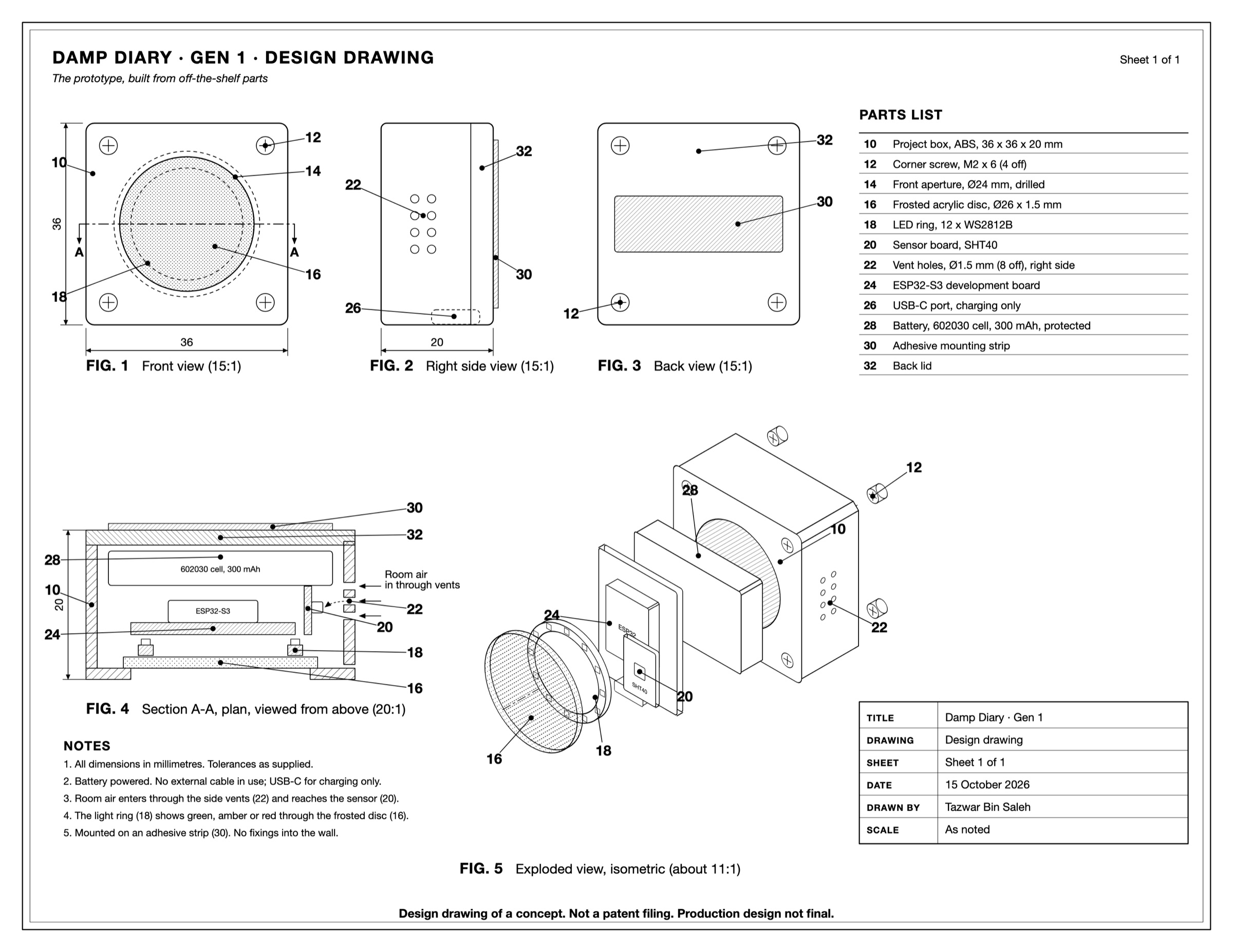 Design drawing of the Gen 1 prototype: an off-the-shelf 36 by 36 by 20 mm box with a frosted window, an LED ring, an SHT40 sensor board, an ESP32-S3 board and a battery, shown in views with dimensions and numbered parts