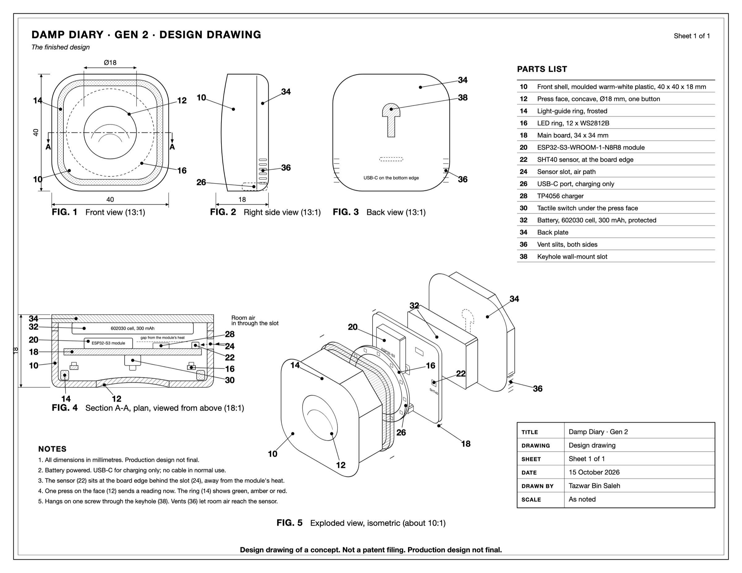 Design drawing of the Gen 2 design: a seamless rounded square about 40 by 40 by 18 mm with a press button, a frosted light ring, a main board with the sensor at its edge, a slim battery and a vented back plate, shown in views with dimensions and numbered parts